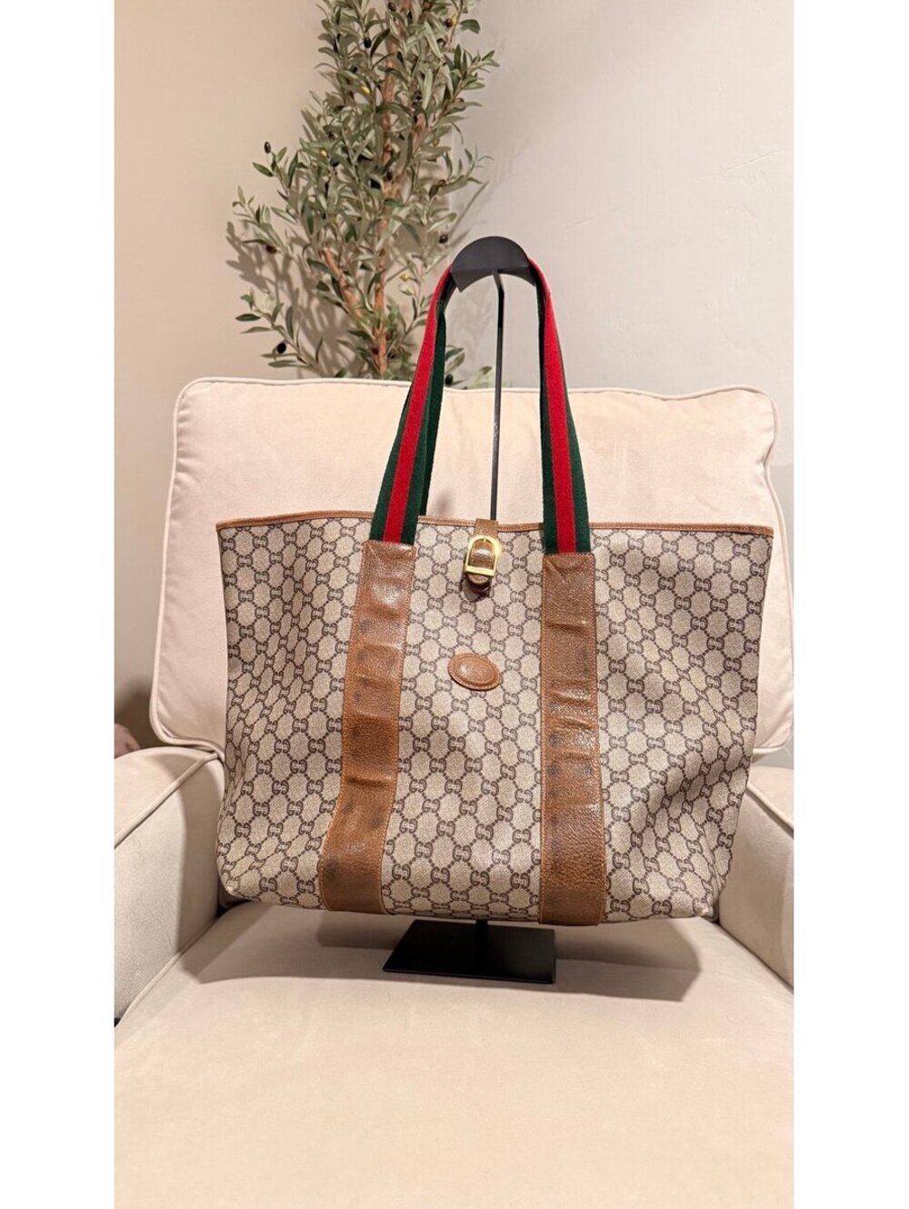 Vintage GUCCI PLUS GG Monogram Coated Leather Oversized Shoulder Tote Bag